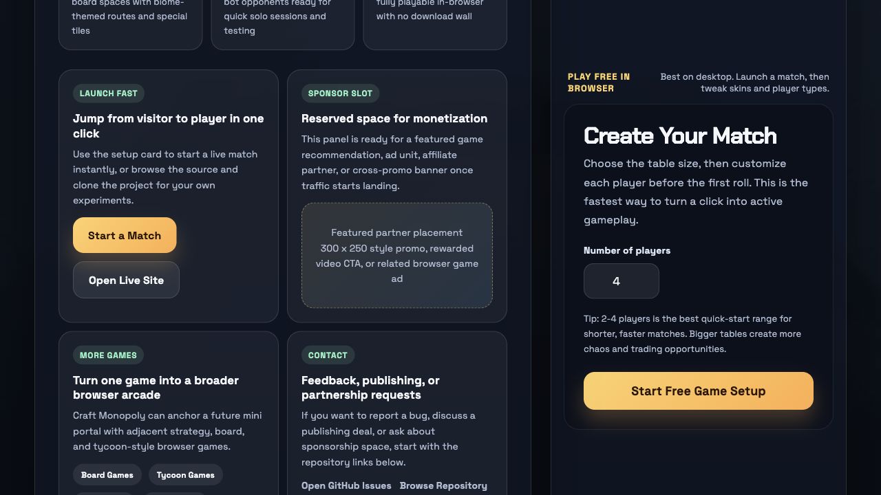 Craft Monopoly landing page and setup card
